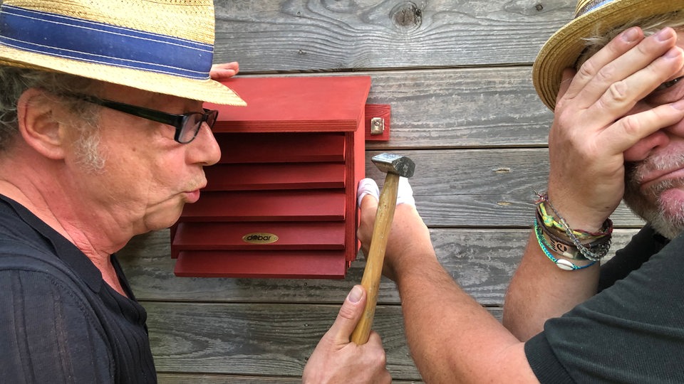 Parzellist nagelt mit seinem Freund ein Florfliegenhaus an die Wand