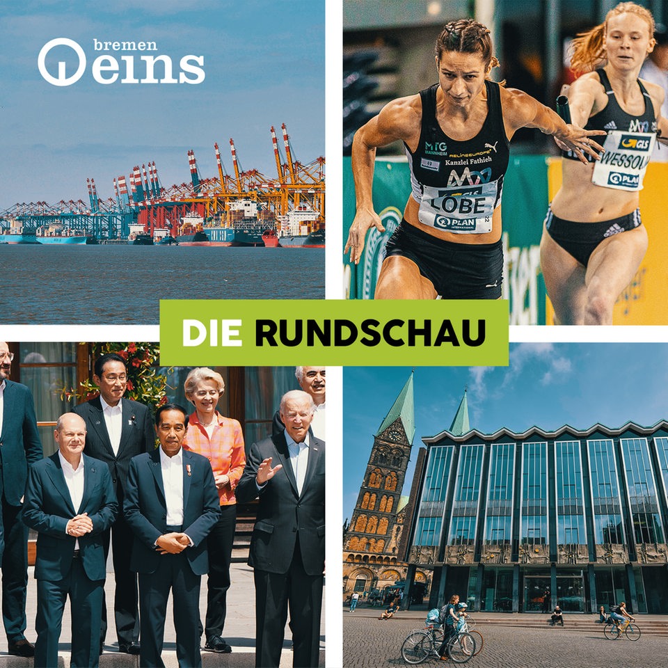 Collage: Domtürme und Haus der Bürgerschaft in Bremen, Containerterminal Bremerhaven, Gruppenfoto mit Von der Leyen, Scholz und Biden, Läuferinnen in Leipzig