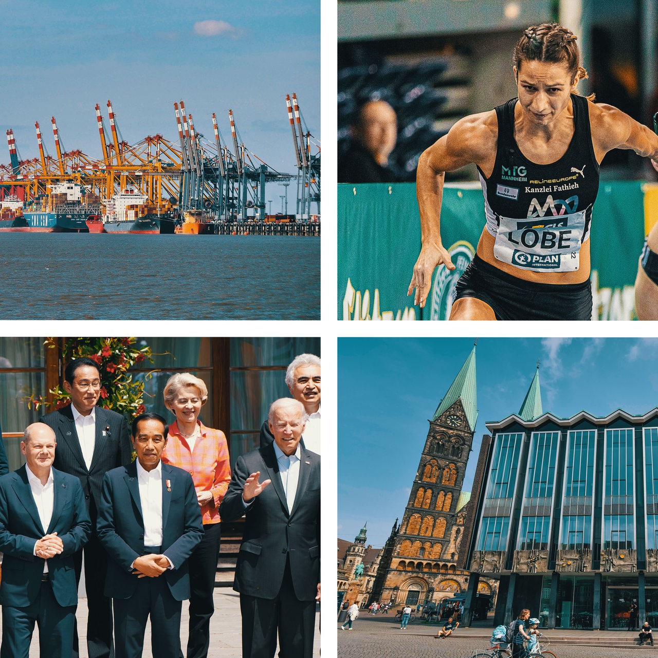 Collage: Domtürme und Haus der Bürgerschaft in Bremen, Containerterminal Bremerhaven, Gruppenfoto mit Von der Leyen, Scholz und Biden, Läuferinnen in Leipzig